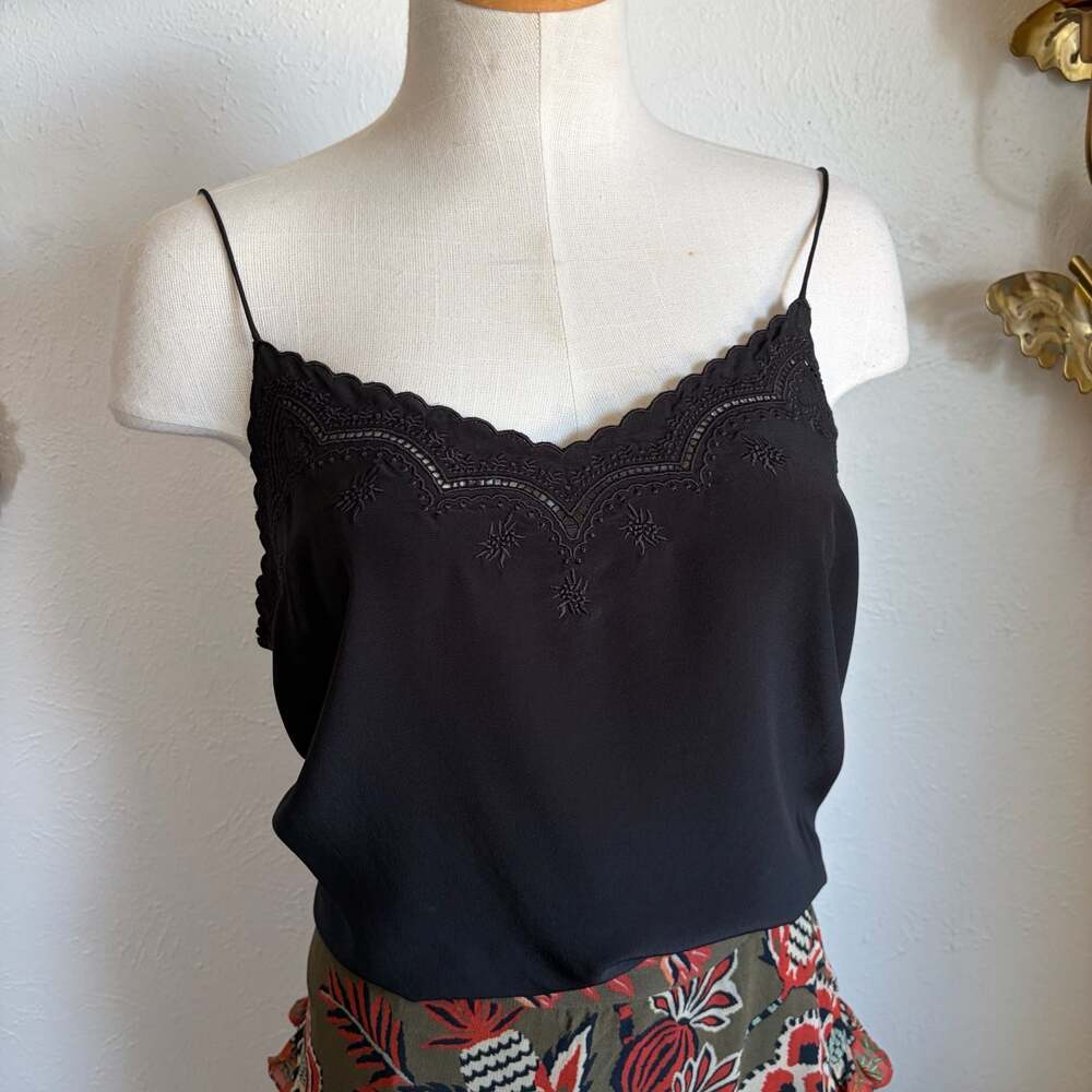 Sézane Palma Silk Embroidered Top Black L